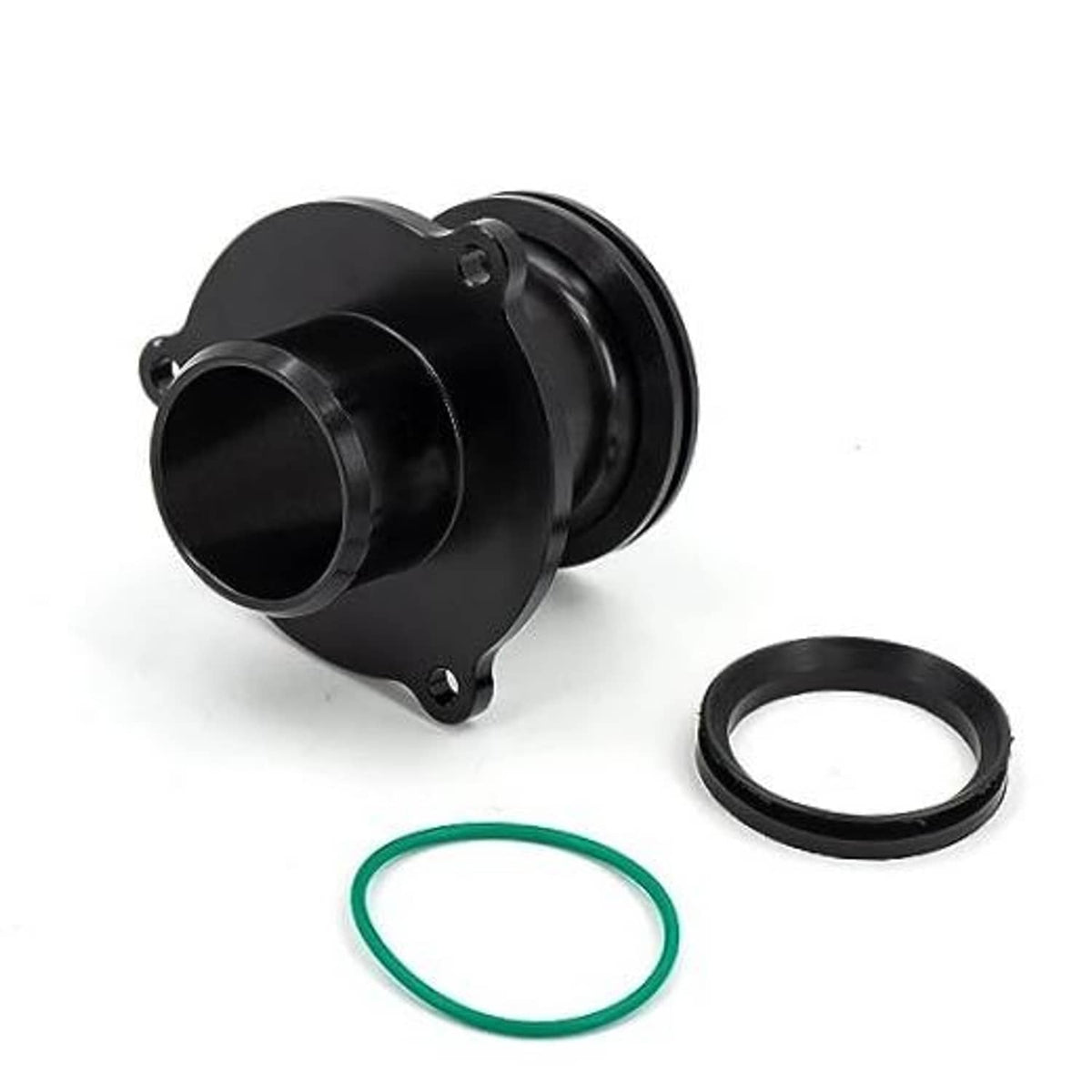 Black turbo muffler delete pipe with round flange and gasket seals, flat mounting bolts