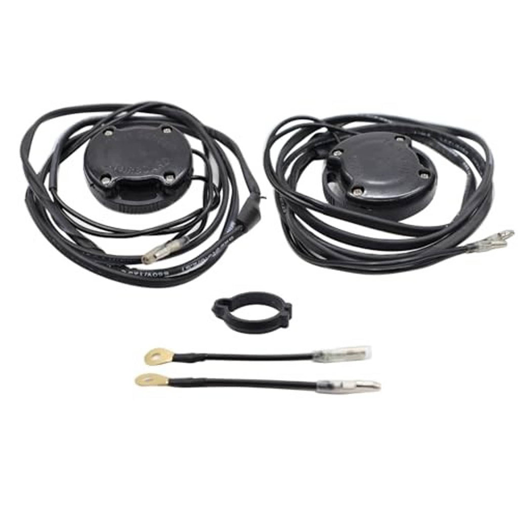 Tilt/trim sender limit kit showing two black sensor units, wiring harnesses, ring clamp, and leads