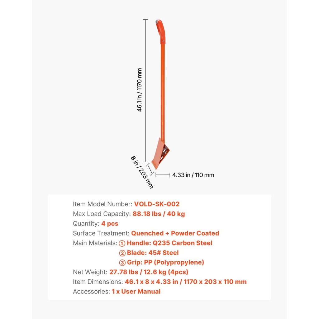 Orange roof shingle stripper shovel size diagram with serrated blade and handle