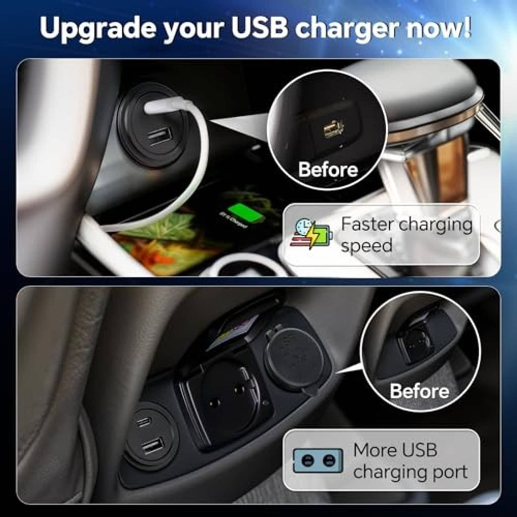 Black dual-port USB car charger outlet installed in a car console