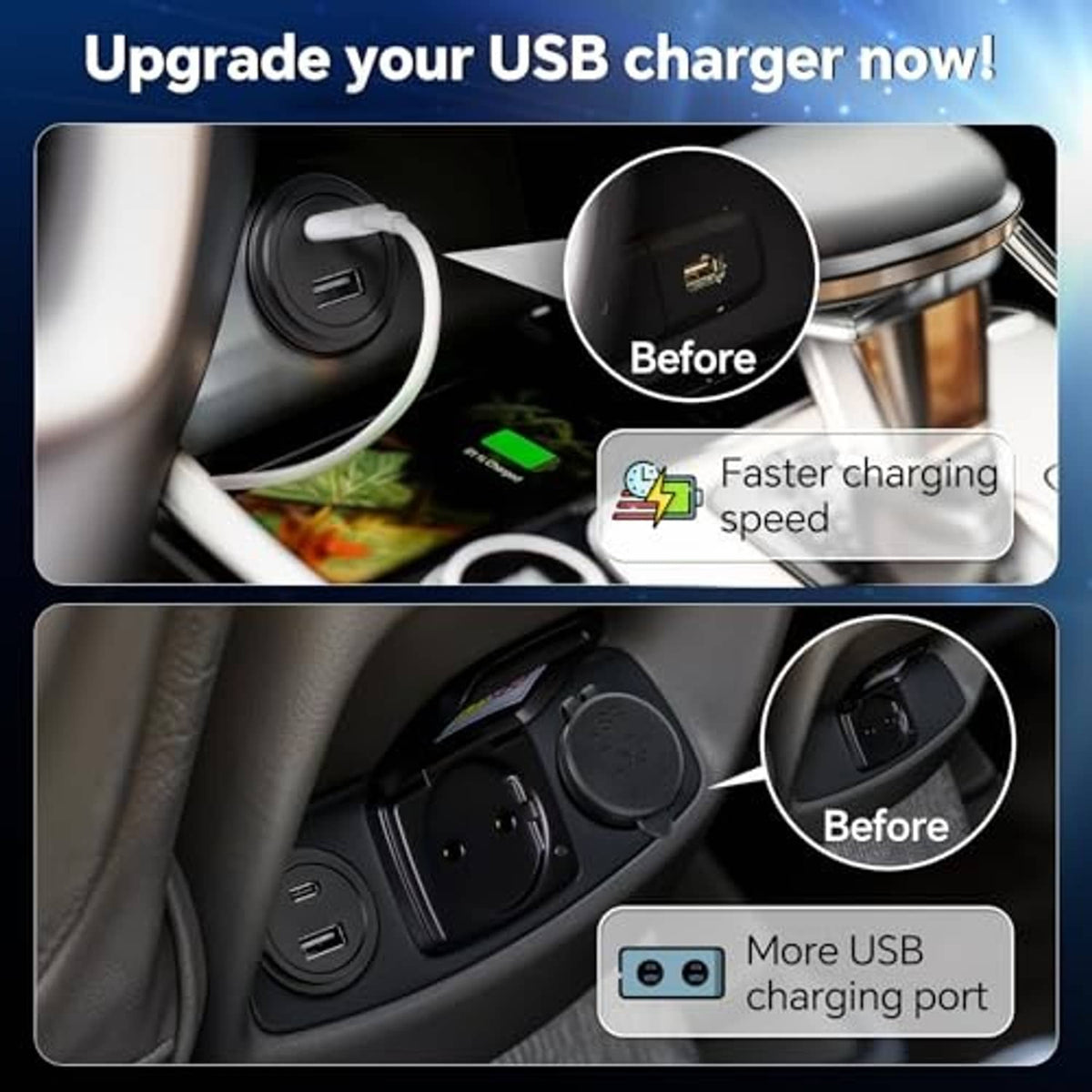 Black dual-port USB car charger outlet installed in a car console