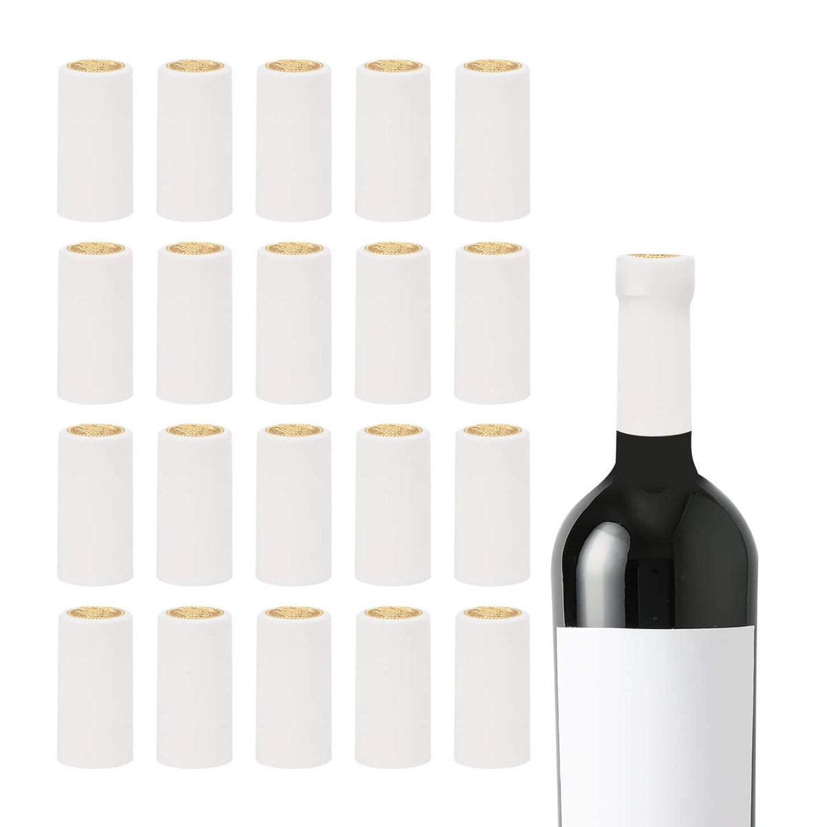 White PVC heat shrink bottle sealer capsules with cork-colored inner lining, multiple pack
