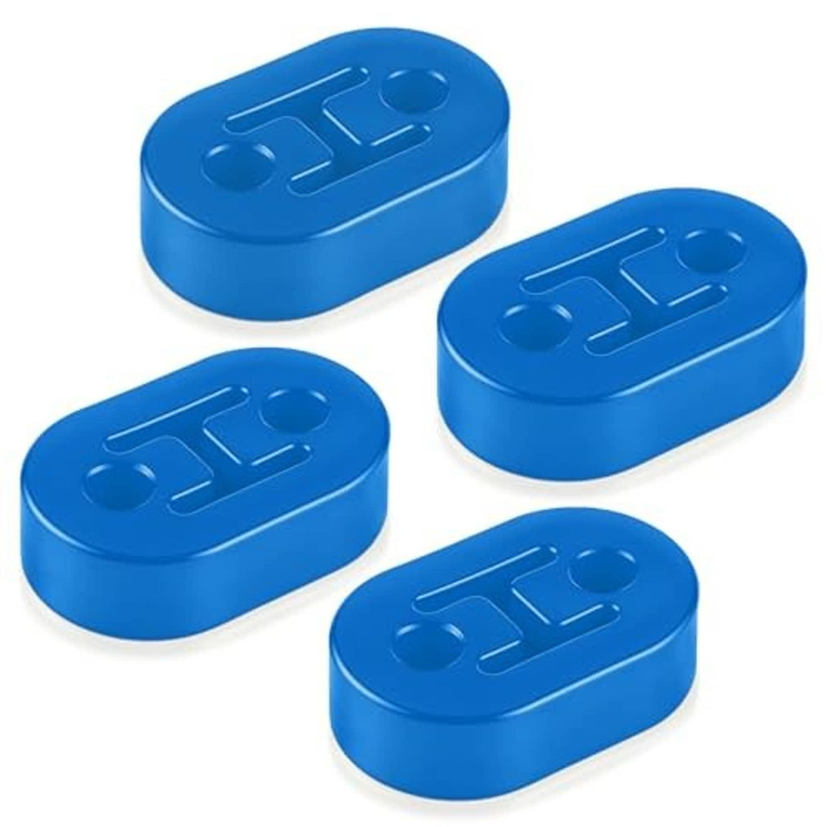 Set of four blue rubber exhaust hanger blocks with molded T-shaped pattern