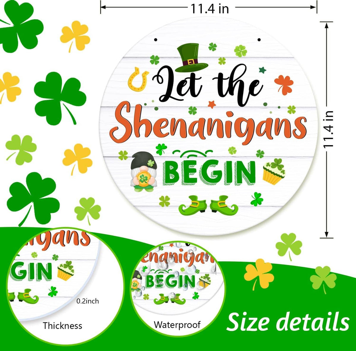 Round hanging door sign, 11.4 in, “Let the Shenanigans Begin” wording