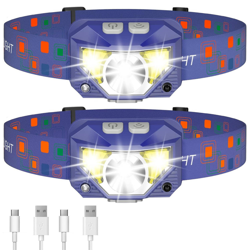 Two blue LED headlamps with patterned elastic bands and bright dual-front light
