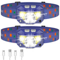 Two blue LED headlamps with patterned elastic bands and bright dual-front light