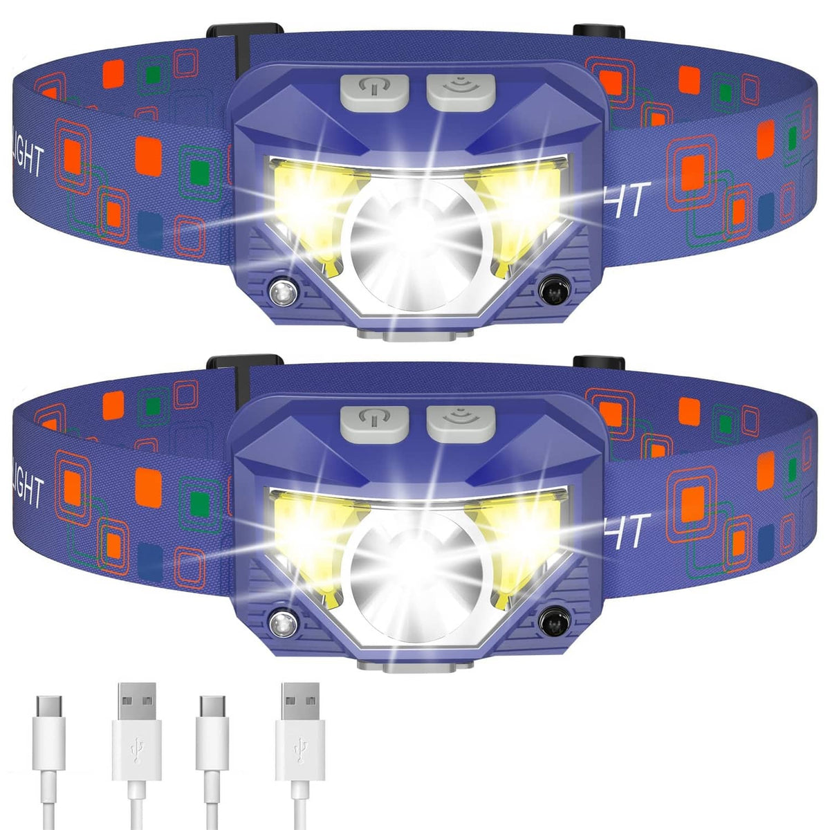 Two blue LED headlamps with patterned elastic bands and bright dual-front light