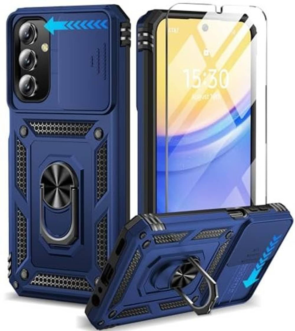 Blue rugged phone case with slide camera lens cover and clear front screen protector