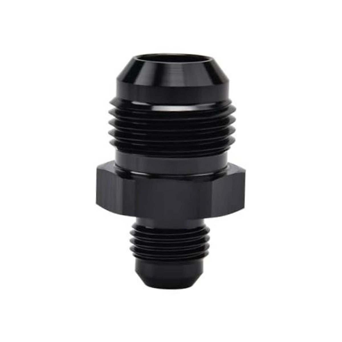 Black AN flare reducer coupler union adapter with male threads, straight fit