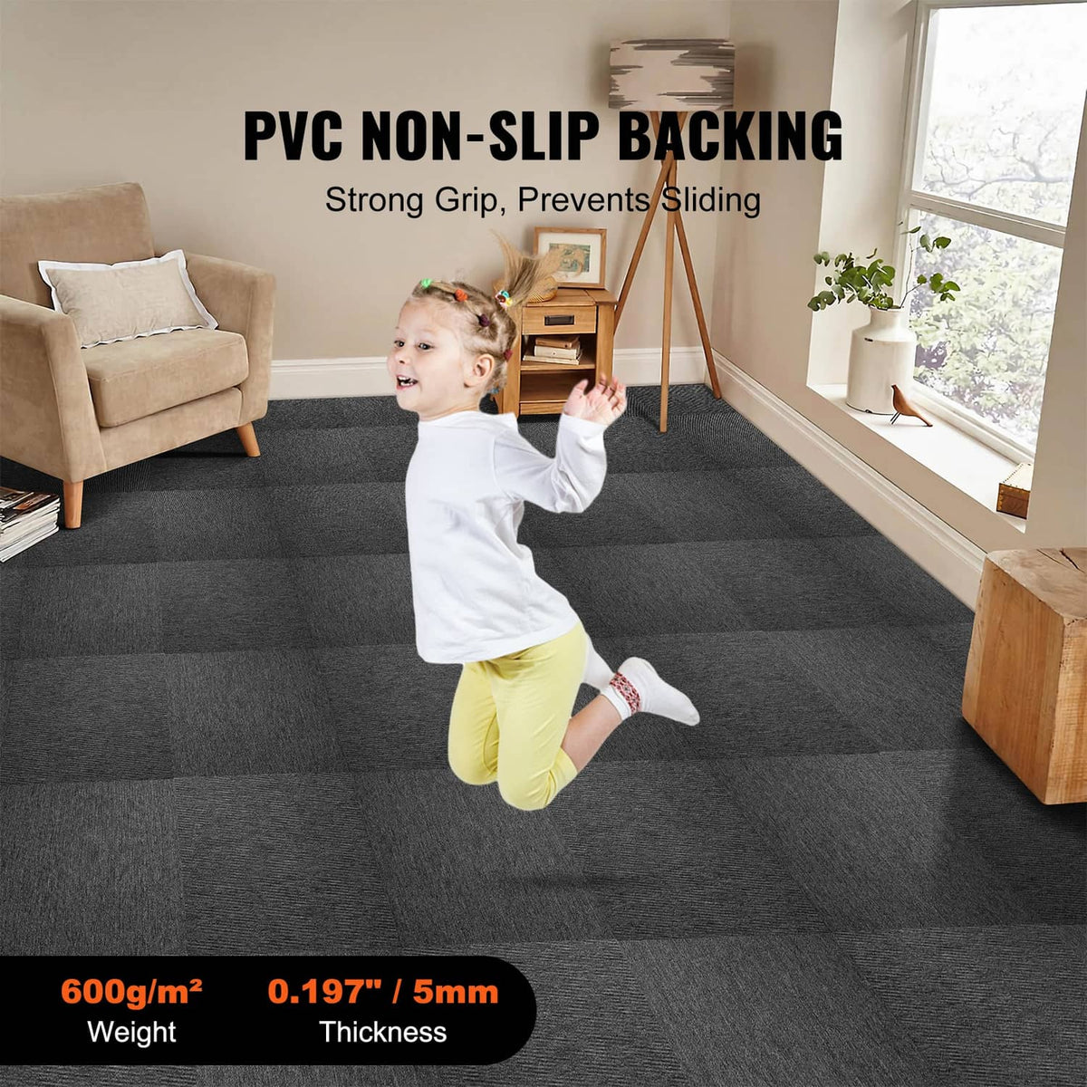 Dark gray carpet tile flooring with non-slip surface visible across a room area