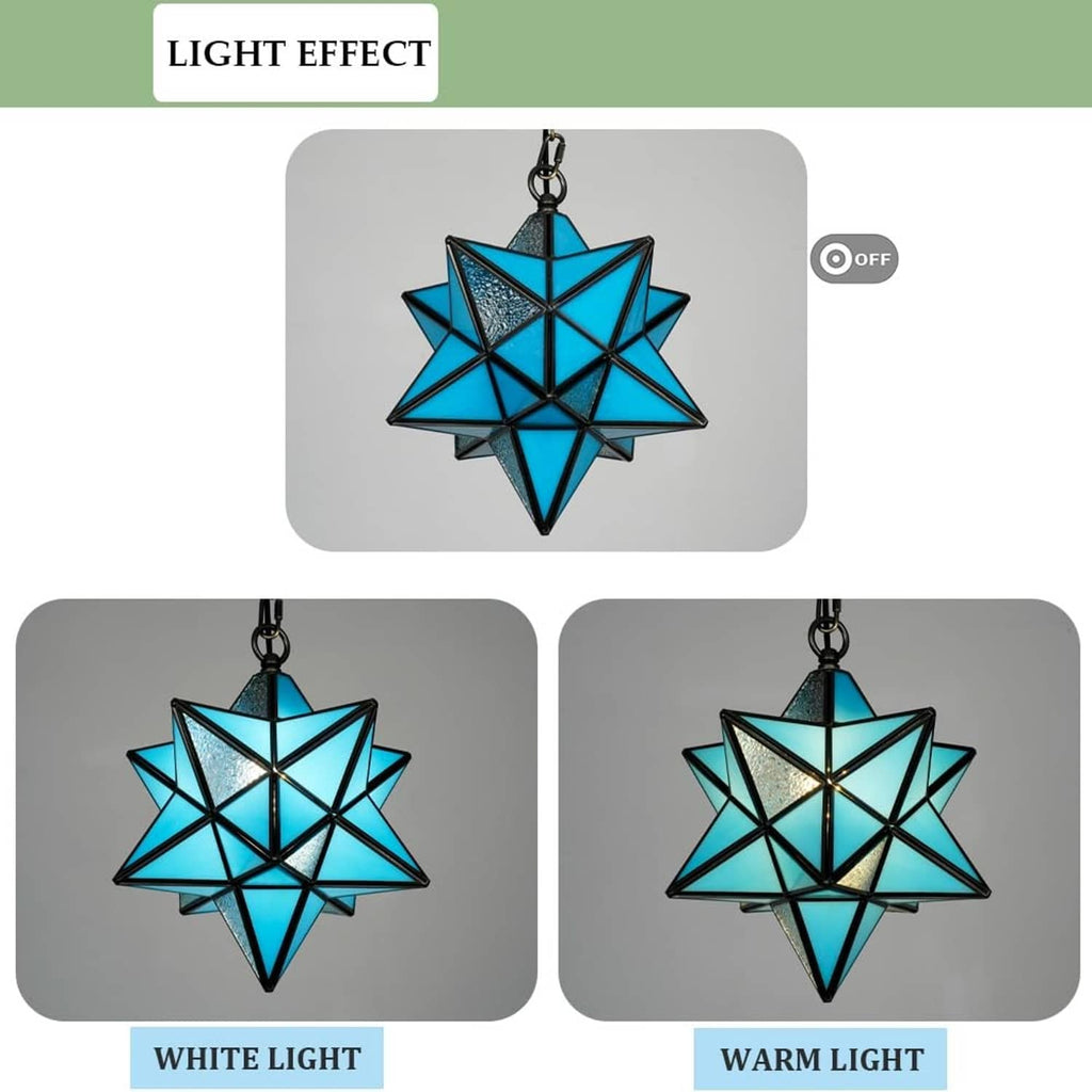 Blue stained glass star pendant light with white and warm light effect