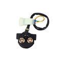 Starter relay solenoid with black base, two terminals, and multi-color wire leads