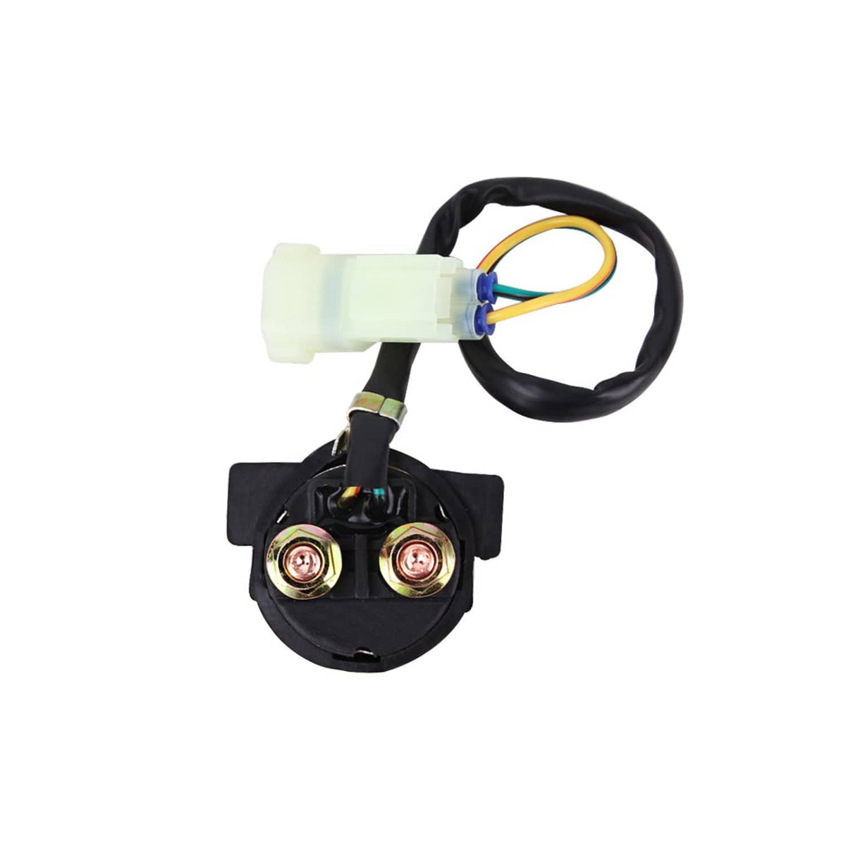 Starter relay solenoid with black base, two terminals, and multi-color wire leads