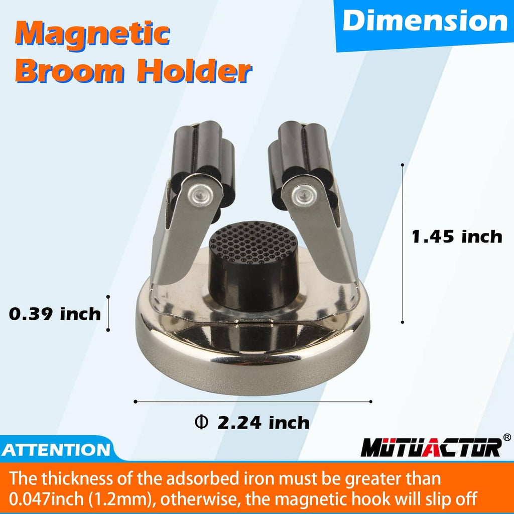 Silver magnetic broom holder with dual clamp arms and circular base