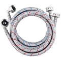 Braided stainless steel washing machine hose set with silver connectors and blue/red stripes