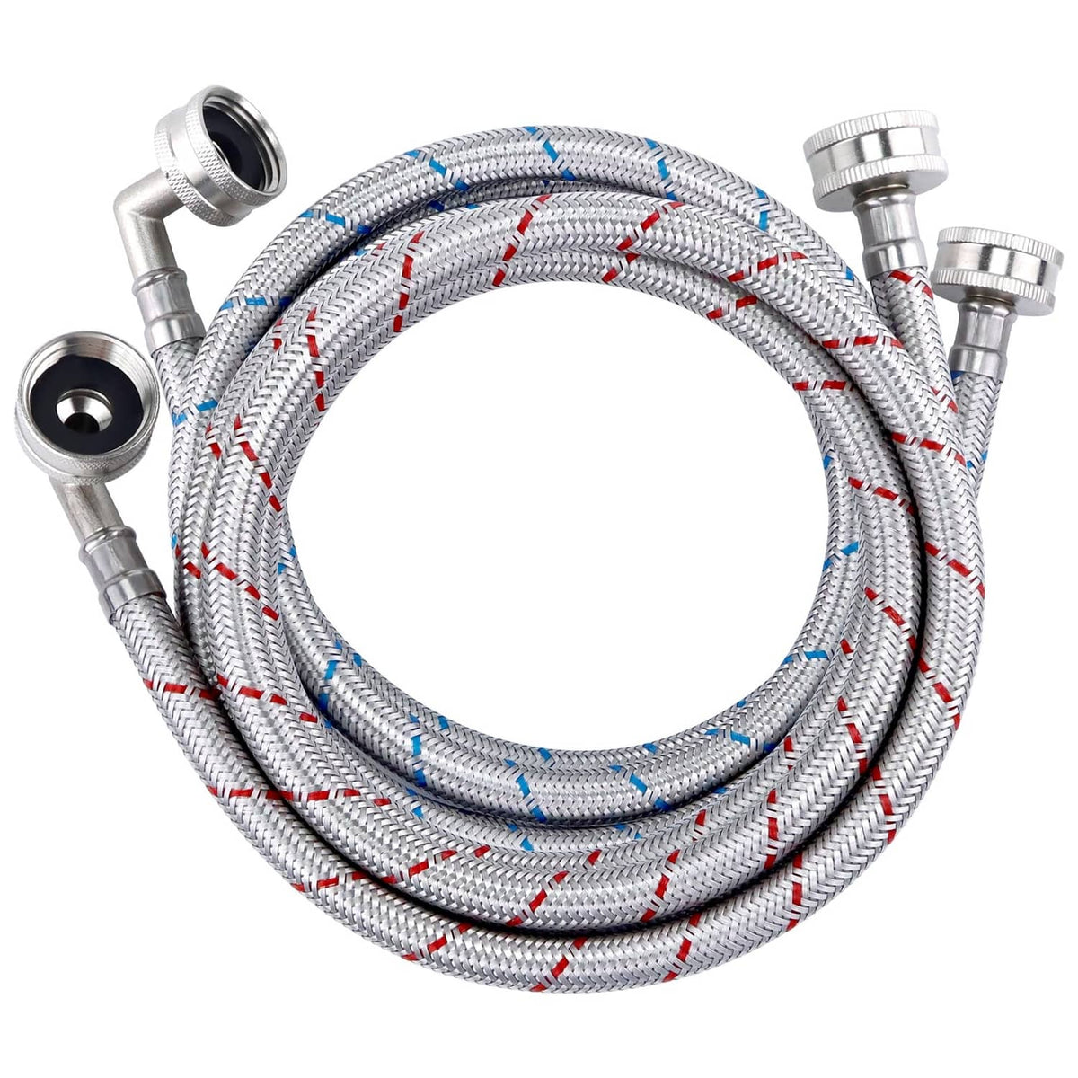 Braided stainless steel washing machine hose set with silver connectors and blue/red stripes