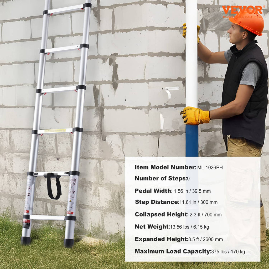 Telescoping extension ladder with multiple steps, silver rails, and black rubber feet