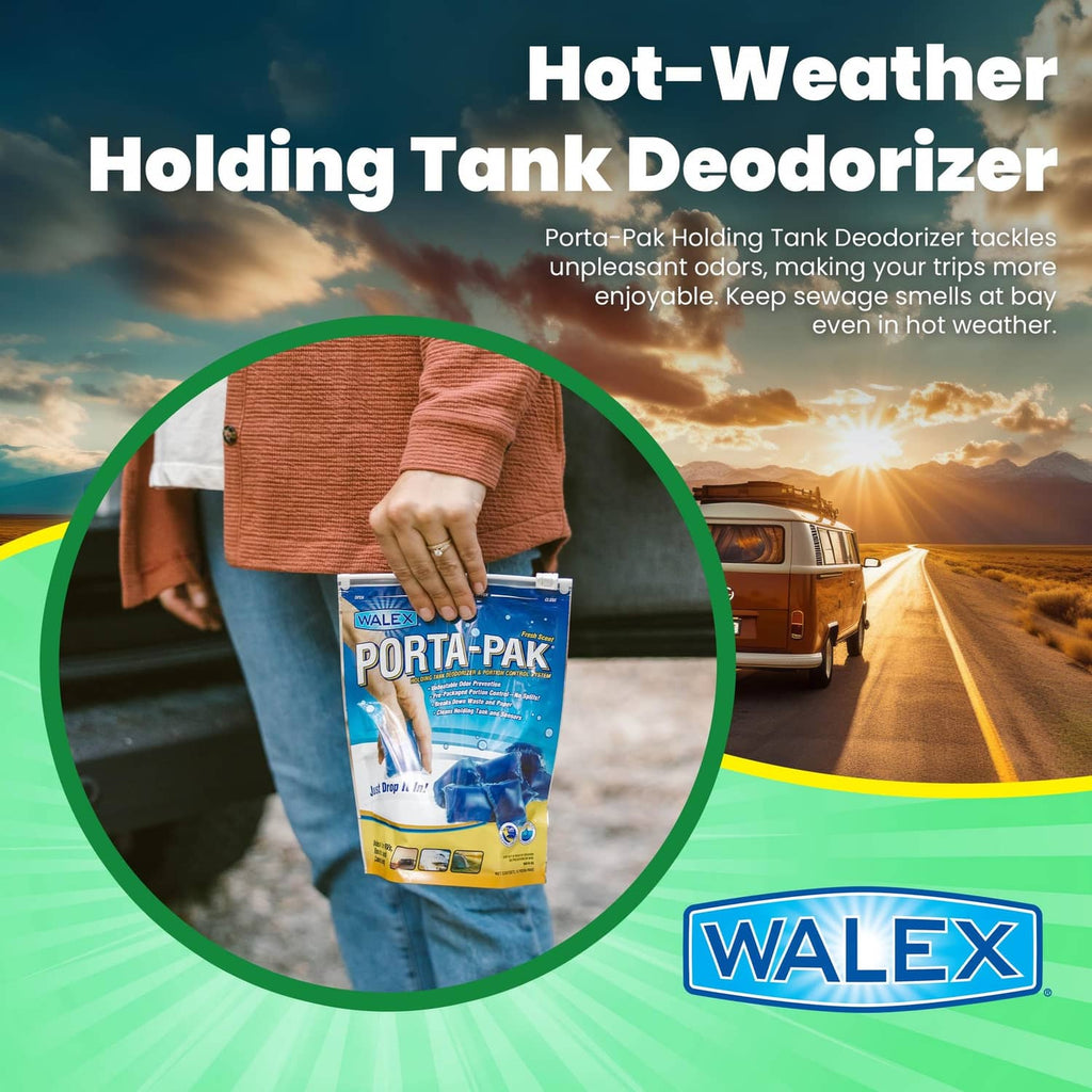 Walex Porta-Pak holding tank deodorizer pouch held outdoors, blue sachet