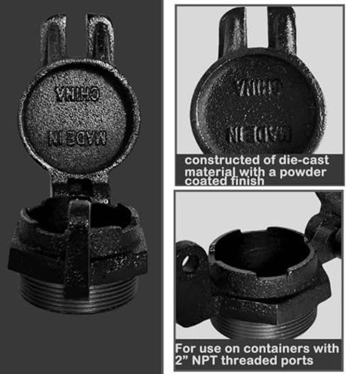 Black diesel fuel flip-top locking cap with powder-coated finish and threaded port
