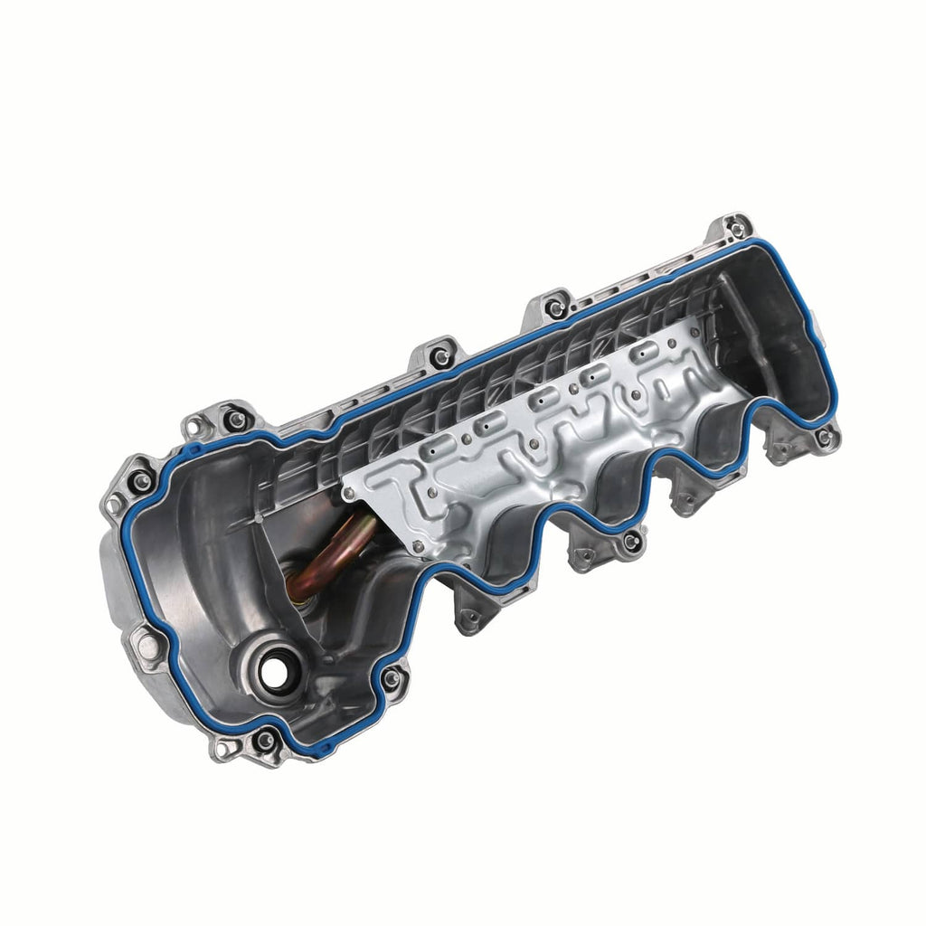 Left engine valve cover with blue gasket seal and bolt holes, aluminum silver finish