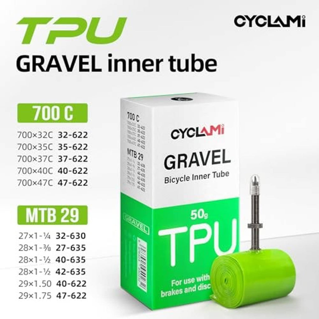Gravel bike inner tube box with green tube roll and single metal valve stem