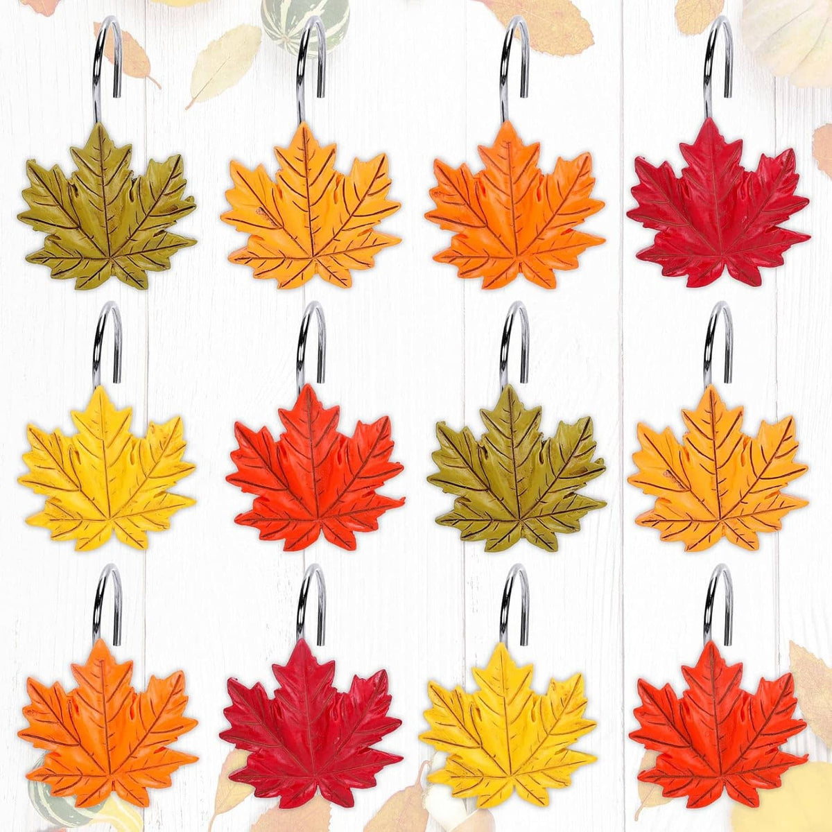 Leaf charm shower curtain hooks with metal hangers; mixed red, orange, yellow