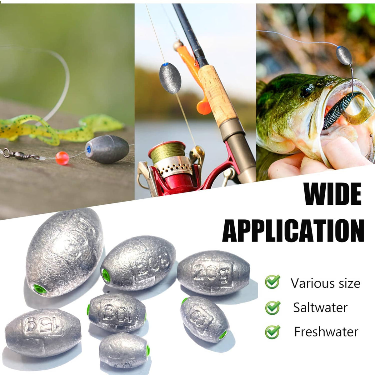 Assorted egg fishing sinkers, gray silver oval weights with green line loops