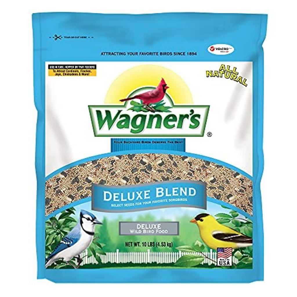 Wagner's deluxe wild bird food bag, 10 lb, blue packaging with seed blend label