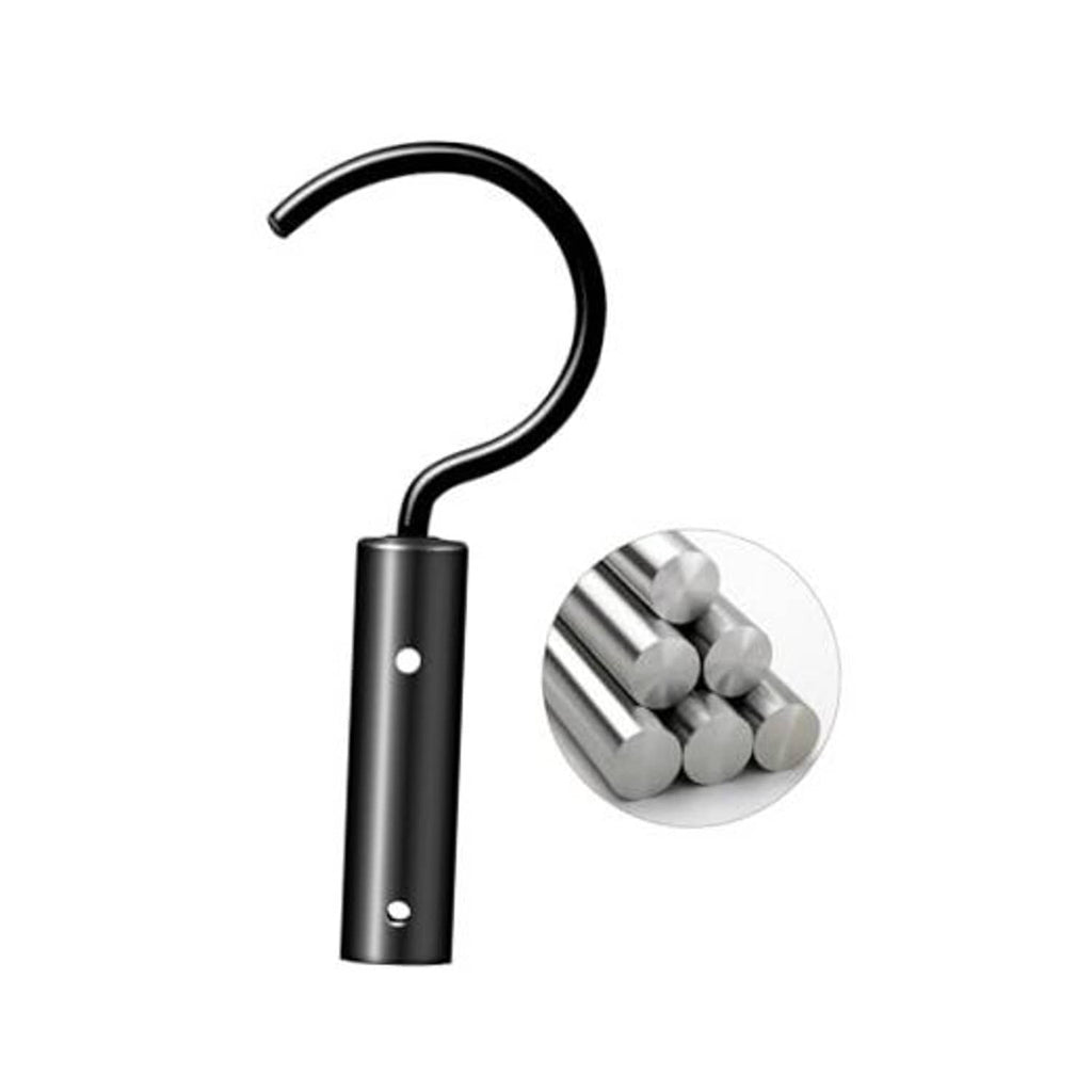 Stainless steel pool cleaner hook with curved neck, dark cylindrical handle, mounting holes