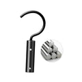 Stainless steel pool cleaner hook with curved neck, dark cylindrical handle, mounting holes