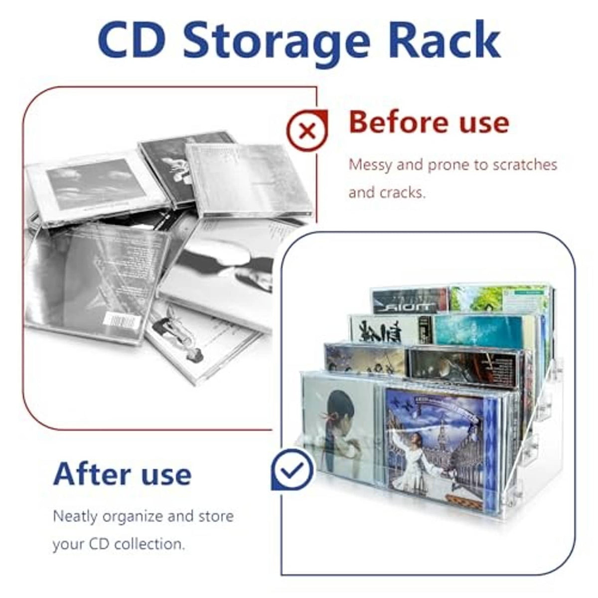 Clear acrylic CD storage rack with four tiers for organizing CDs and DVDs