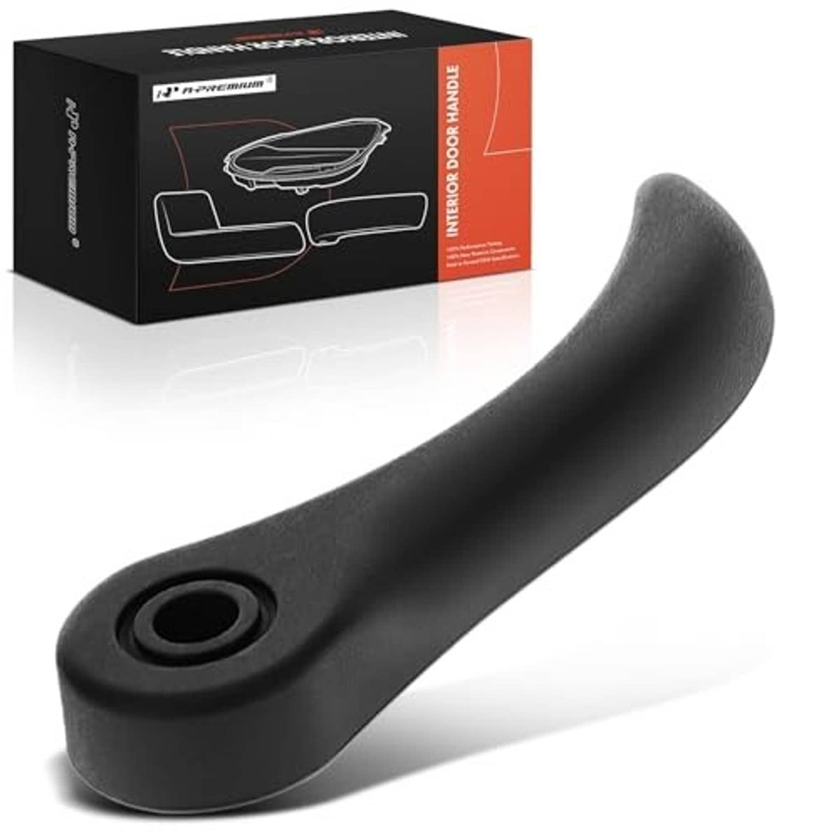 Black molded seat recline adjustment handle, front-left with centered mounting hole