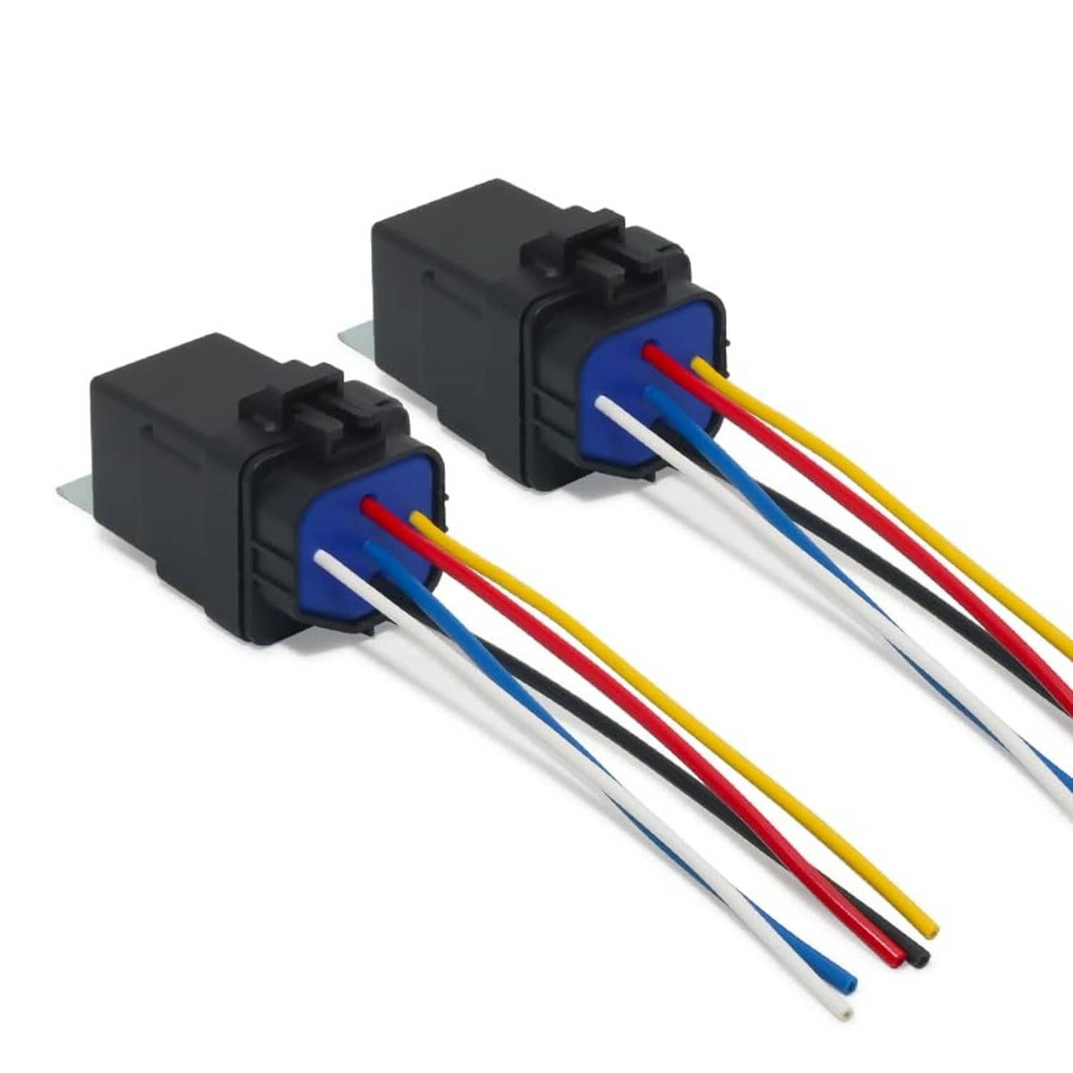 Dual tilt relay connectors with color-coded wires and blue inserts, black plastic housings