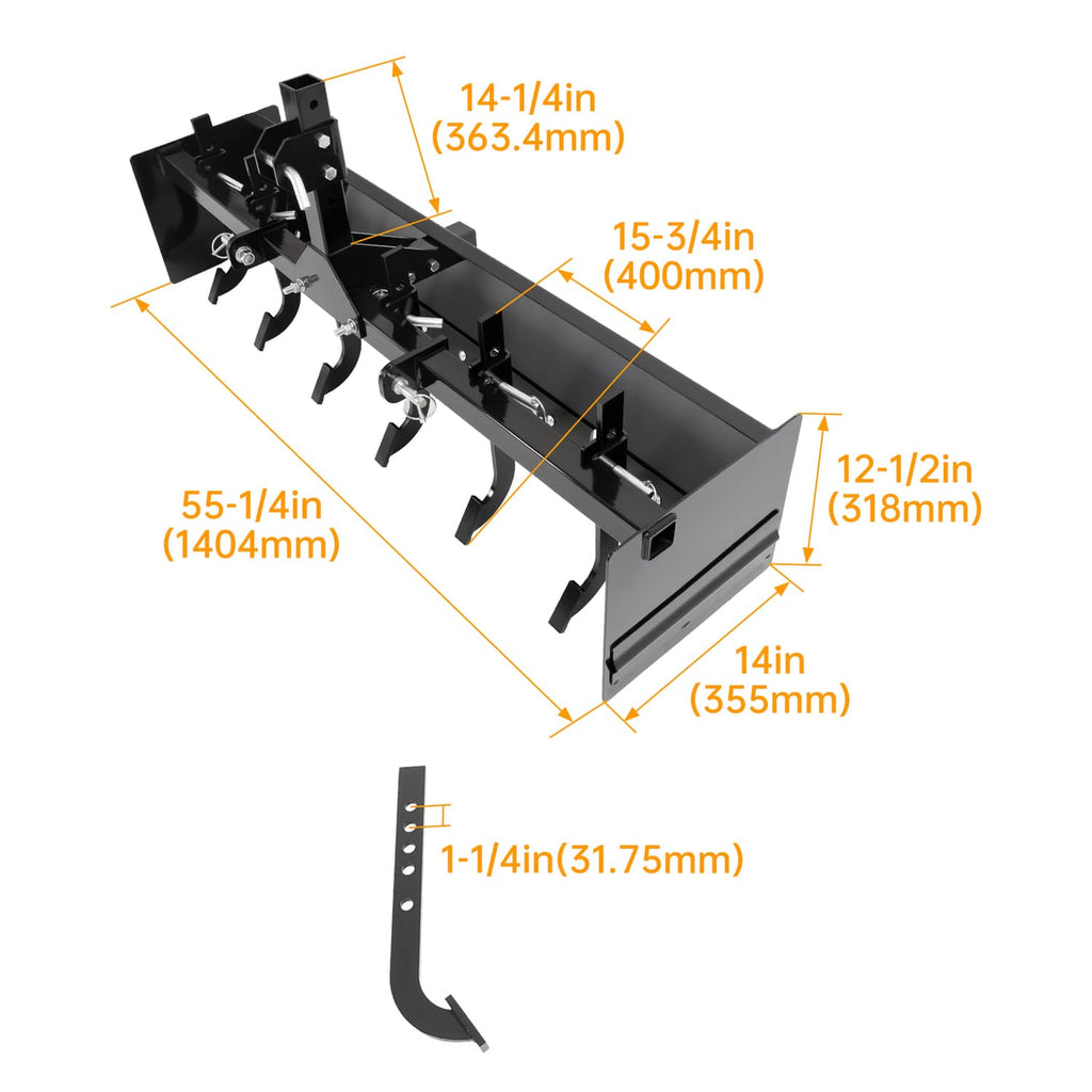 Tow-behind box scraper blade dimensions: 55-1/4in width and 12-1/2in blade depth