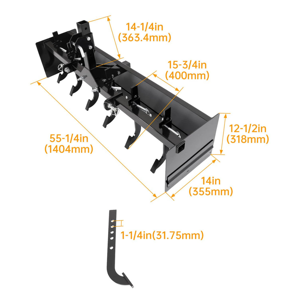 Tow-behind box scraper blade dimensions: 55-1/4in width and 12-1/2in blade depth