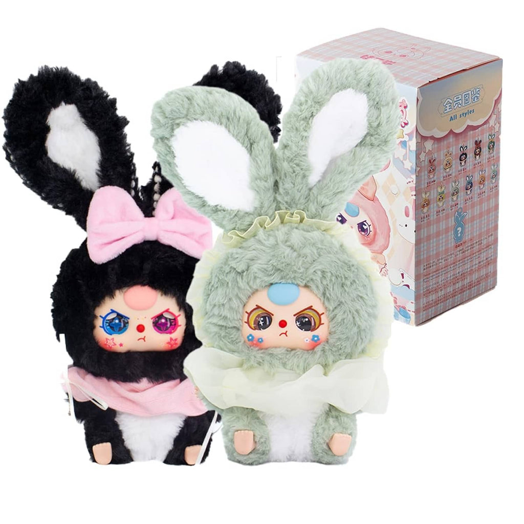 Rabbit plush blind box figure set with black, mint, and pink dressed characters