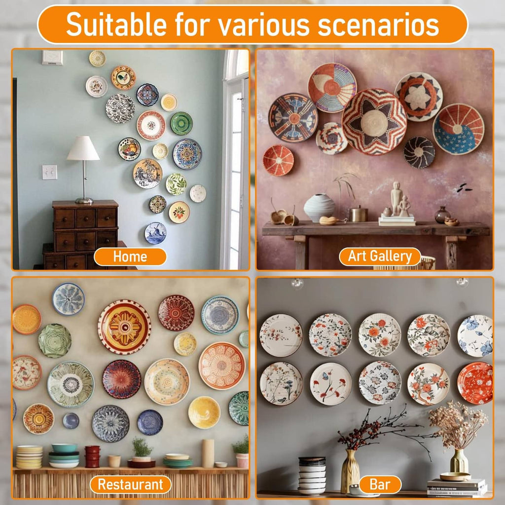 Plate wall hangers for displaying multiple plates on a wall in a grid layout