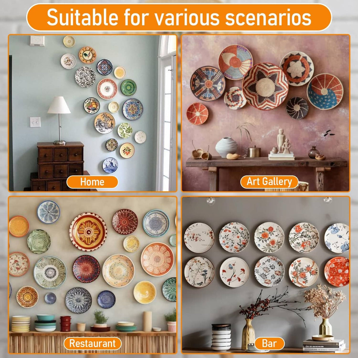 Plate wall hangers for displaying multiple plates on a wall in a grid layout