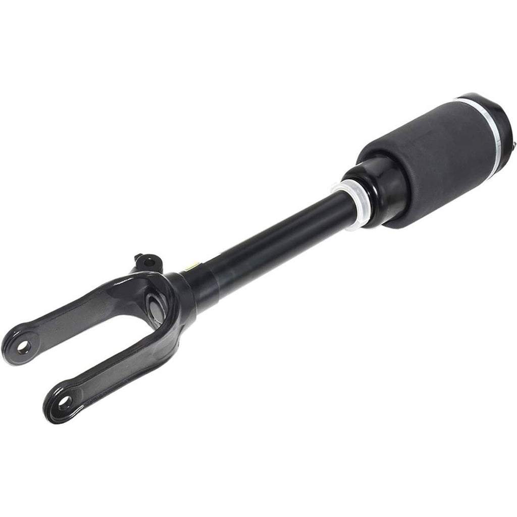 Front air suspension strut with black air spring, metal piston rod, and fork arm
