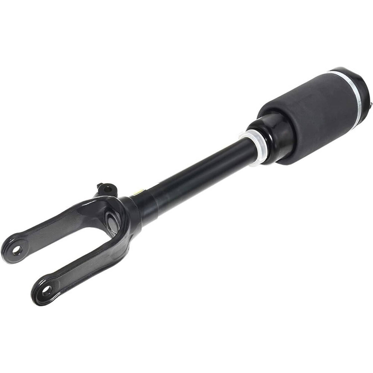 Front air suspension strut with black air spring, metal piston rod, and fork arm