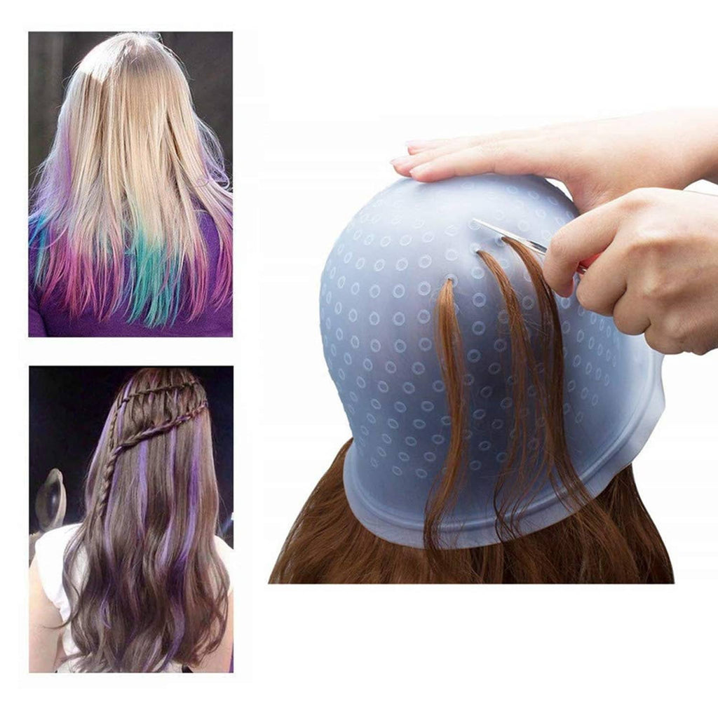 Blue silicone highlighting cap with dotted holes, hair strands pulled through