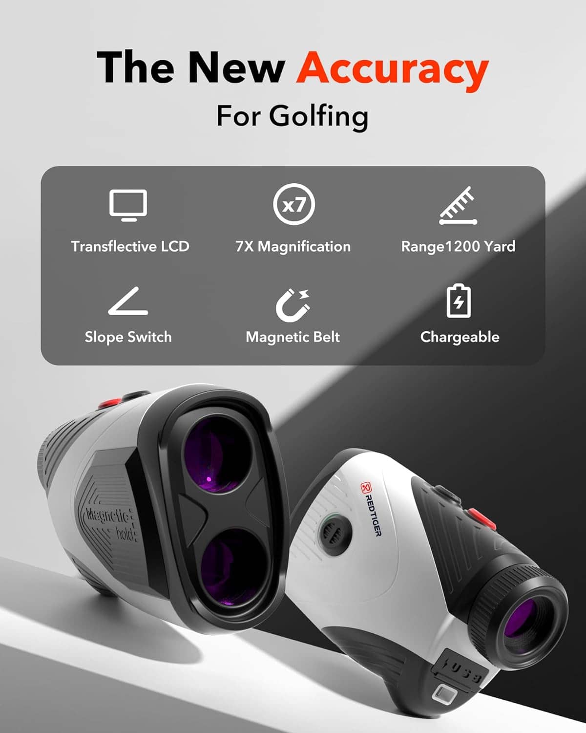 Golf laser rangefinder with 7x magnification lenses and side buttons