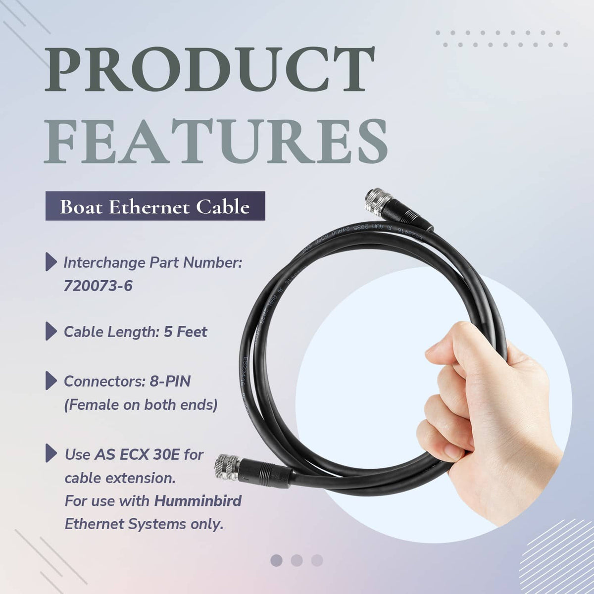 Boat ethernet cable with 8-pin connector ends, 5-foot cable length