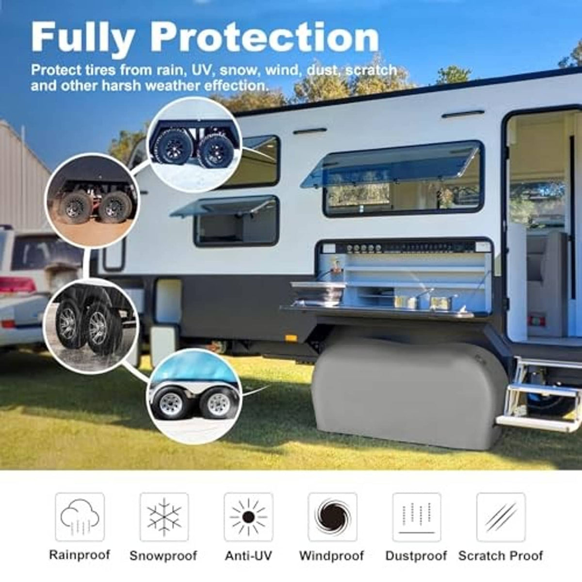 Gray dual axle tire cover on camper wheel area, protective weather-resistant cover