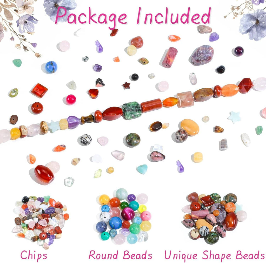 Natural stone bead assortment laid out by type, including chips, round beads, and unique shapes