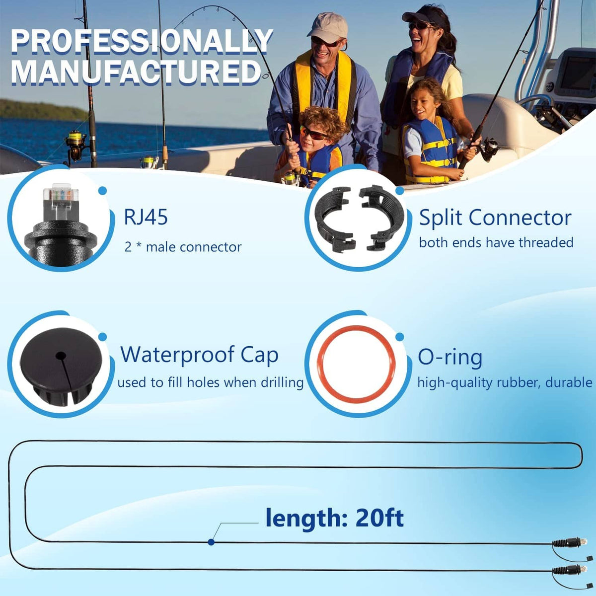 Marine network cable accessories: split connector, waterproof cap, and O-ring