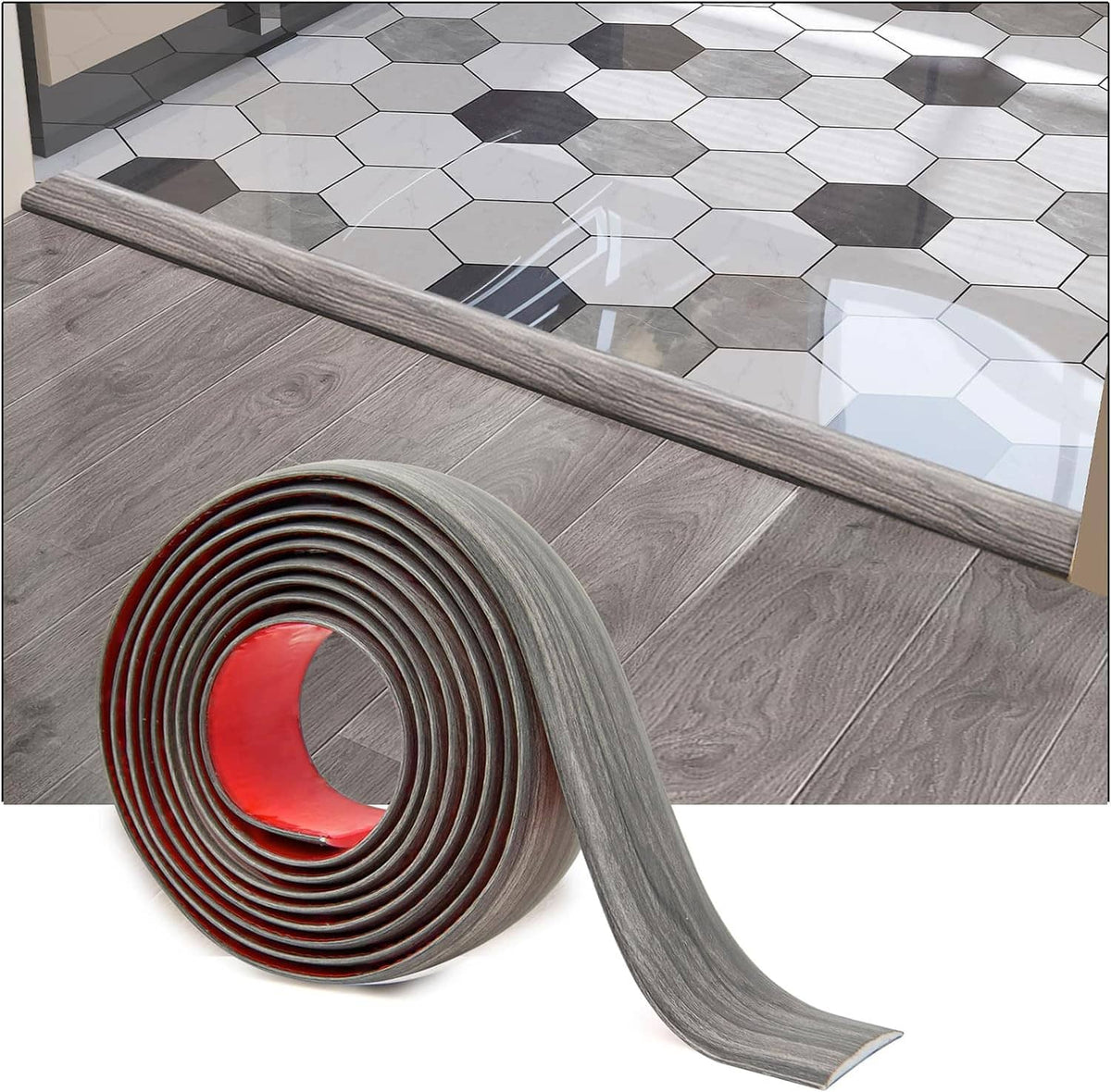 Gray self-adhesive vinyl floor transition strip roll with red backing liner
