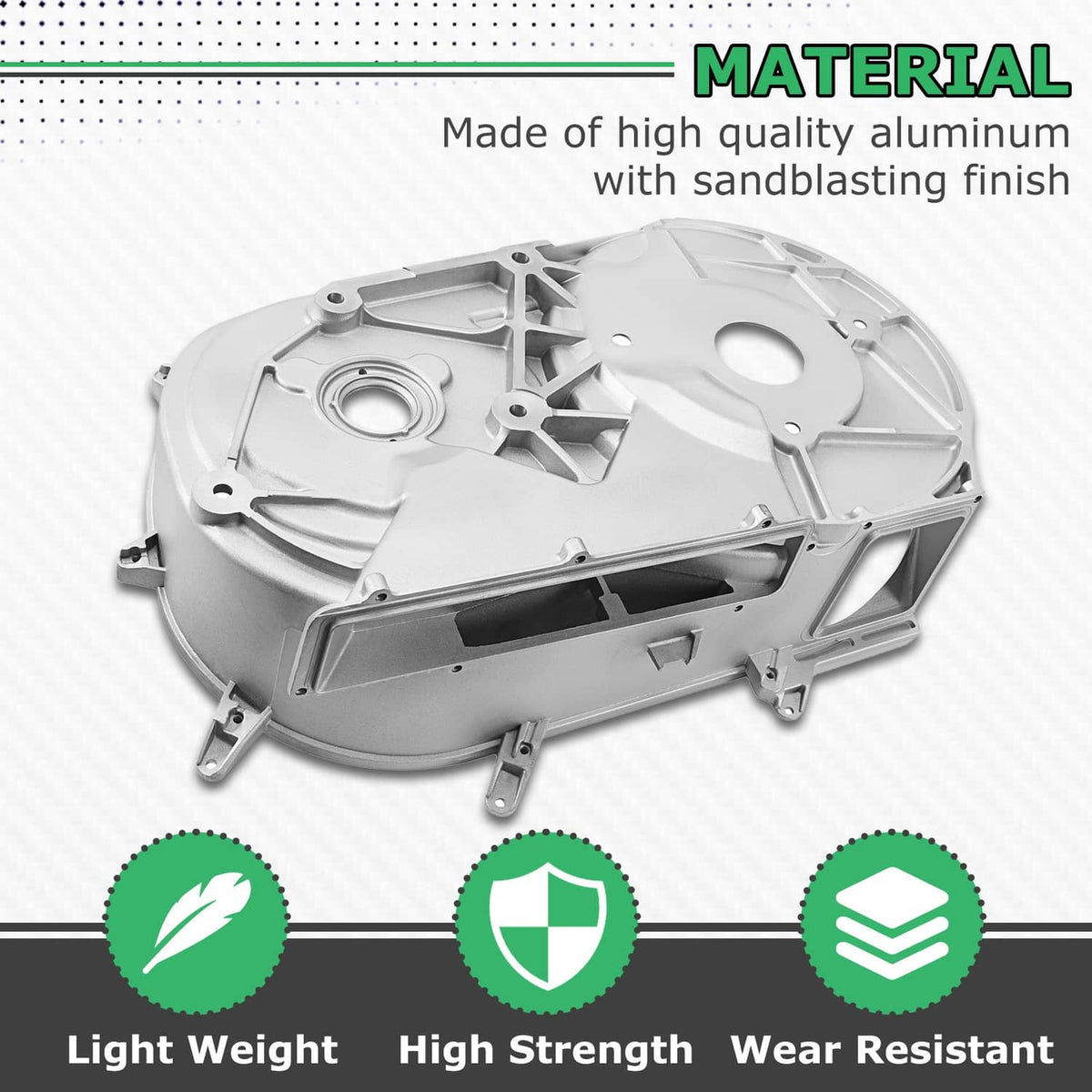 Light gray aluminum inner clutch cover with integrated ribs and circular access holes
