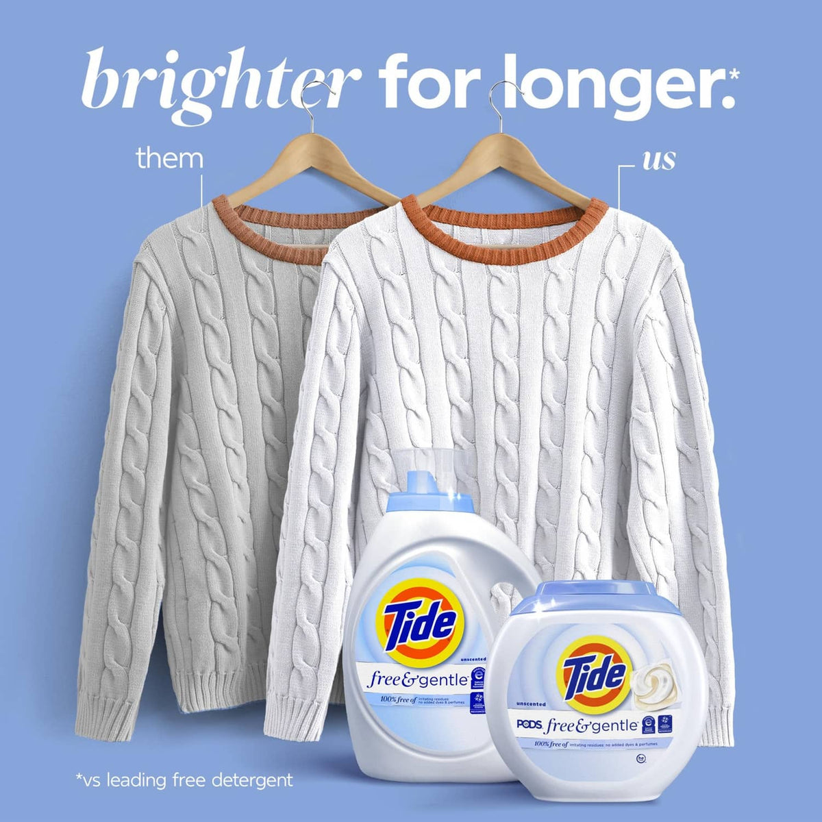 Tide free & gentle laundry detergent pods and bottle with white cable-knit sweaters