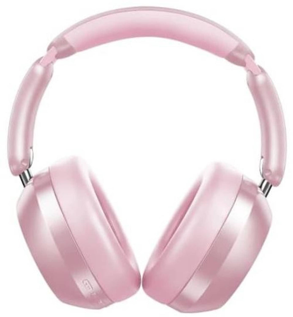 Pink wireless over-ear headphones with padded ear cups and adjustable headband